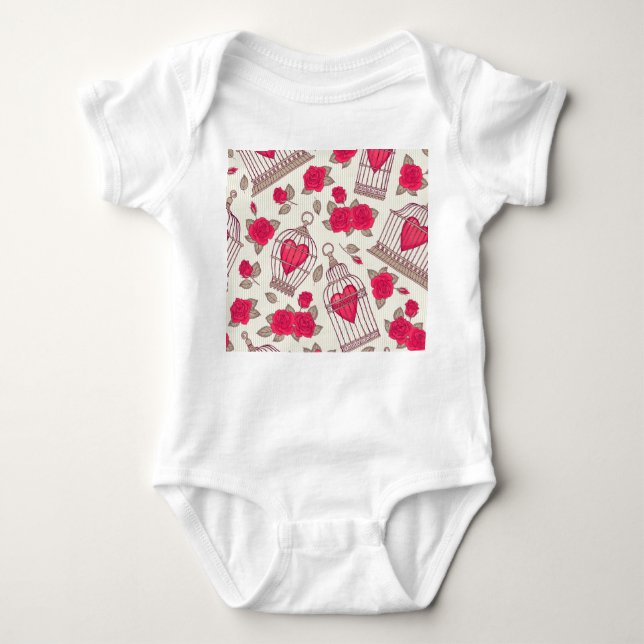 Floral Bird Cages Roses Pattern Baby Bodysuit (Front)