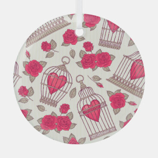 Floral Bird Cages Roses Pattern Glass Ornament