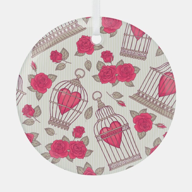 Floral Bird Cages Roses Pattern Glass Ornament (Front)