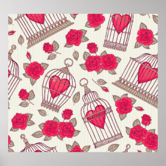 Floral Bird Cages Roses Pattern Poster