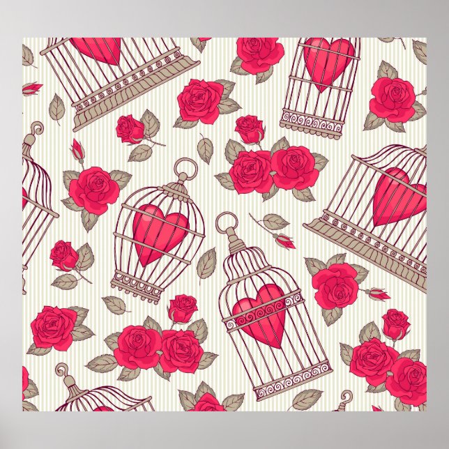 Floral Bird Cages Roses Pattern Poster (Front)