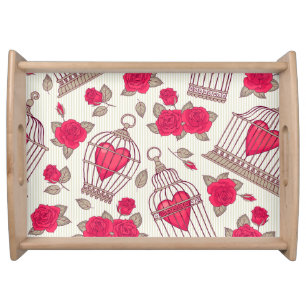 Floral Bird Cages Roses Pattern Serving Tray
