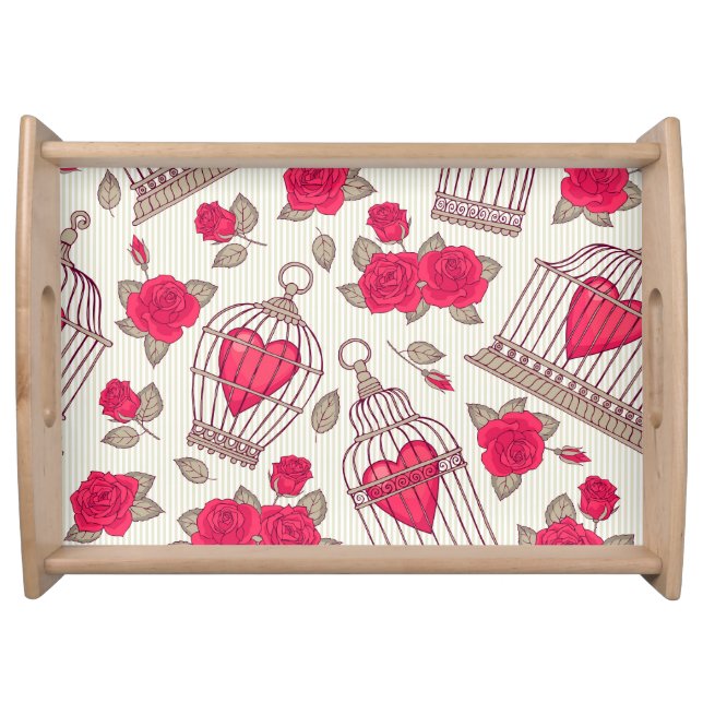 Floral Bird Cages Roses Pattern Serving Tray (Front)