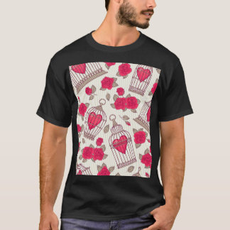 Floral Bird Cages Roses Pattern T-Shirt