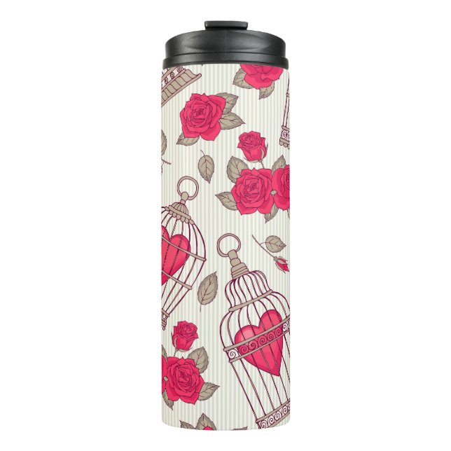 Floral Bird Cages Roses Pattern Thermal Tumbler (Front)