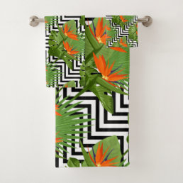 Floral Bird of Paradise Chevron Pattern Strelitzia Bath Towel Set