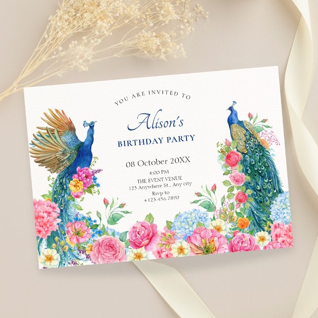 Floral bird peacock birthday invitation (Creator Uploaded)