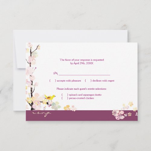 White + Plum Sakura Bird Wedding RSVP