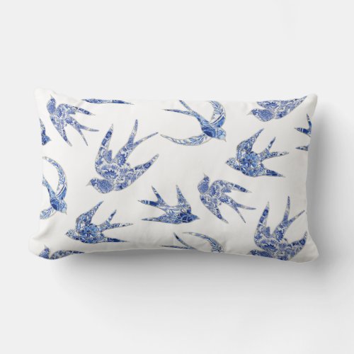 Floral Bird Swallow Blue White Chinoiserie Vintage Lumbar Pillow