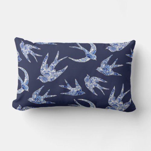 Floral Bird Swallow Navy White Chinoiserie Vintage Lumbar Pillow