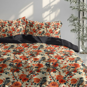 Floral Birds Duvet Cover for Fall Bedroom Decor