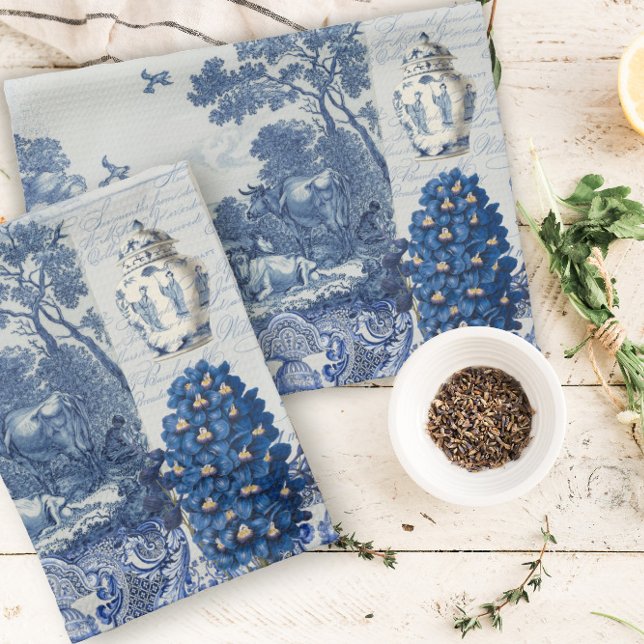 Floral Birds English Garden Toile Blue and White Kitchen Towel (Creator Uploaded)