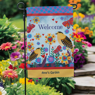 Floral Birds Garden Butterfly Welcome Custom Name Garden Flag