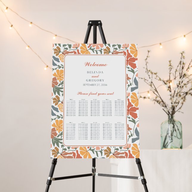 Floral Birds Midcentury Wedding Seating Chart Foam Board (In Situ (Stand))