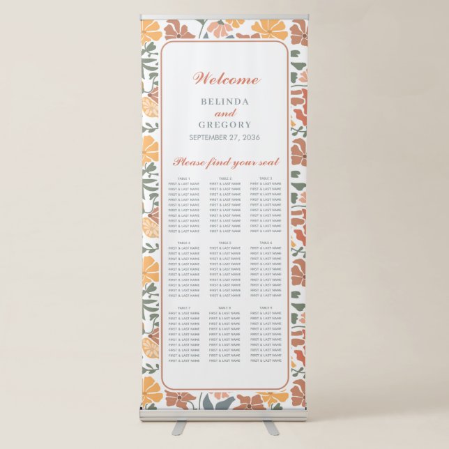 Floral Birds Midcentury Wedding Seating Chart Retractable Banner (Front)