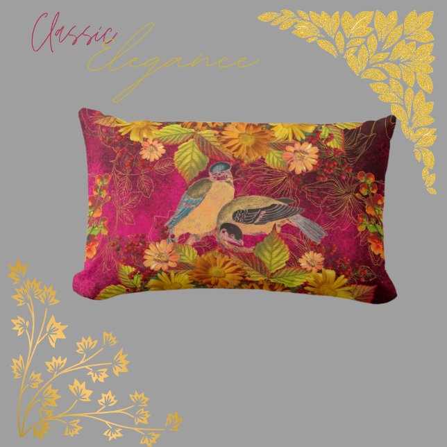 Floral & Birds Orange, Red, Yellow Cranberry  Lumbar Pillow (Creator Uploaded)