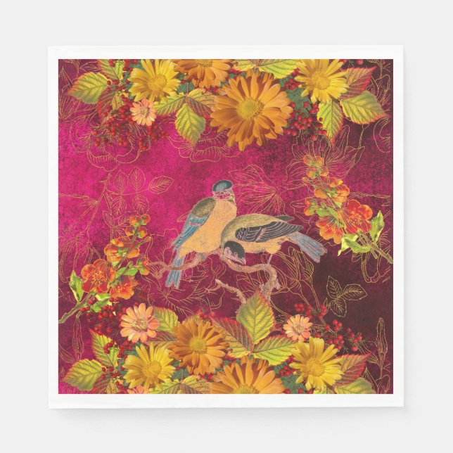 Floral & Birds Orange, Red, Yellow Cranberry  Napkins (Front)