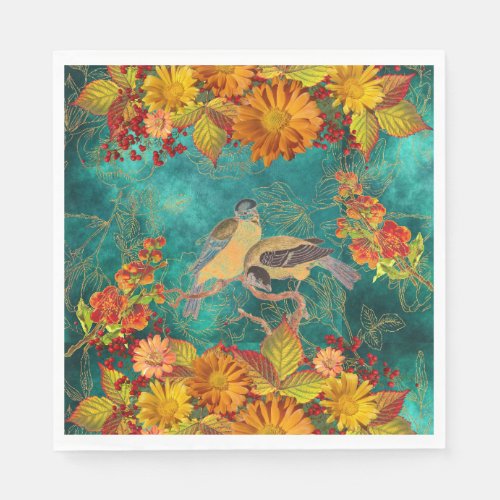 Floral  Birds Orange Red Yellow Teal Backing Napkins