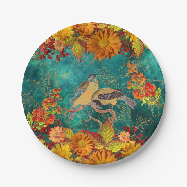 Floral & Birds Orange, Red, Yellow, Teal Backing Paper Plates (Front)
