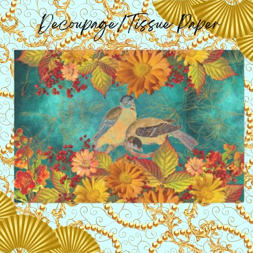 Floral  Birds Orange Red Yellow Teal Decoupage Tissue Paper