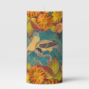 Floral & Birds Orange, Red, Yellow Teal Pillar Candle