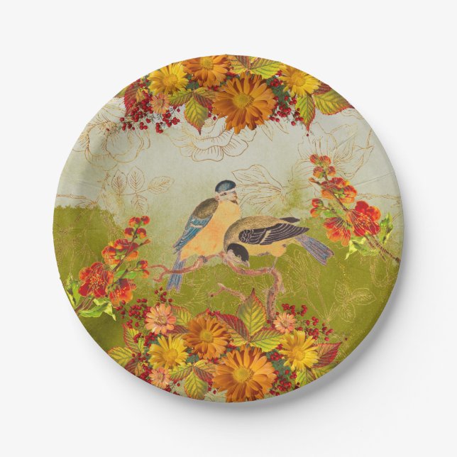 Floral & Birds, Orange, Yellow, Red Green Backing Paper Plates (Front)