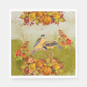 Floral & Birds, Orange, Yellow, Red Green Napkins