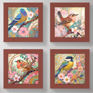 Floral Birds Pastel Pink Flowers & Bird Art Wall Art Sets