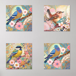 Floral Birds Pastel Pink Flowers & Bird Art Wall Art Sets