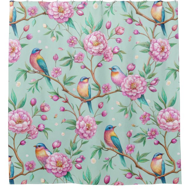 Floral Birds Pattern on Mint Background (1) Shower Curtain (Front)