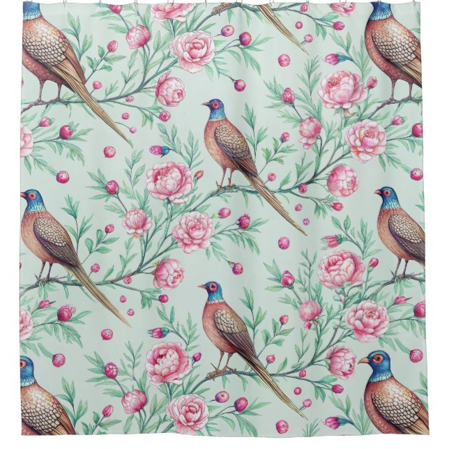 Floral Birds Pattern on Mint Background (2) Shower Curtain (Front)