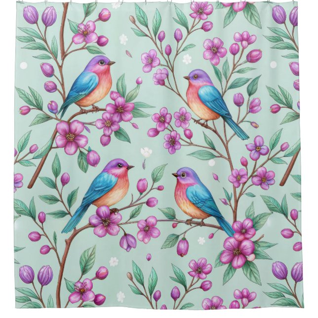 Floral Birds Pattern on Mint Background (3) Shower Curtain (Front)
