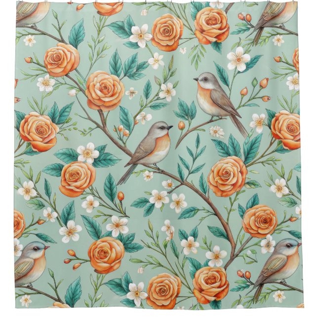 Floral Birds Pattern on Mint Background (6) Shower Curtain (Front)