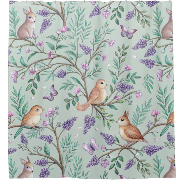 Floral Birds Pattern on Mint Background (9) Shower Curtain (Front)