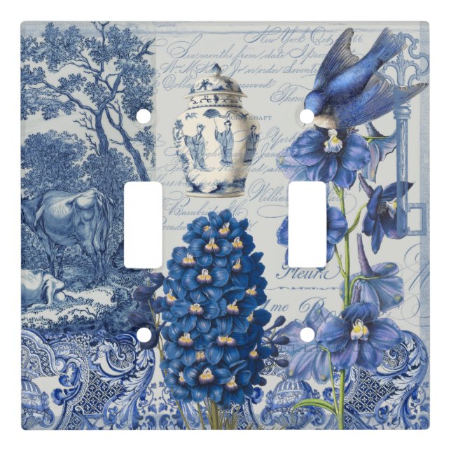 Floral Birds Toile English Blue and White Garden Light Switch Cover (Front)