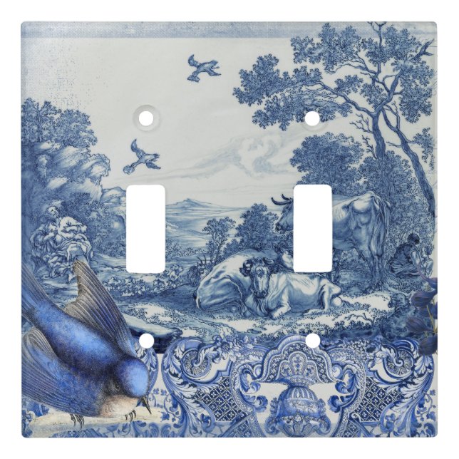 Floral Birds Toile English Garden Blue and White Light Switch Cover (Front)
