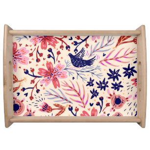 Floral, birds, vintage seamless pattern. serving tray
