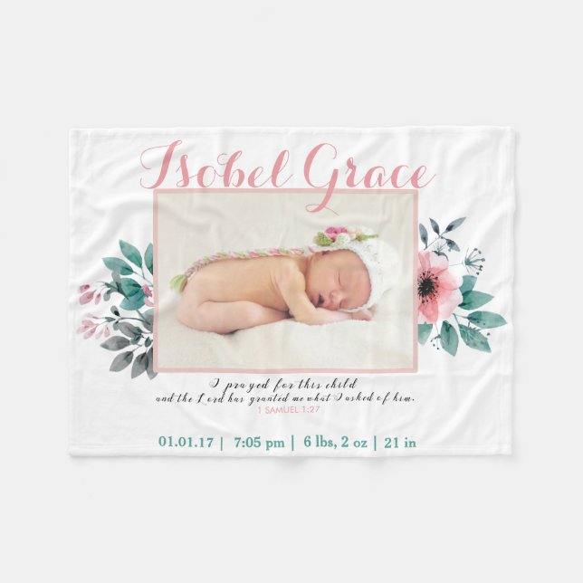 Floral Birth Announcement with Bible Verse Fleece Blanket (Front (Horizontal))