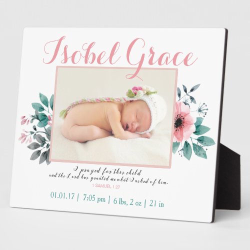 Floral Birth Announcement with Bible Verse Plaque