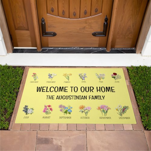 Floral BIRTH MONTH FLOWERS All Year WELCOME Yellow Doormat