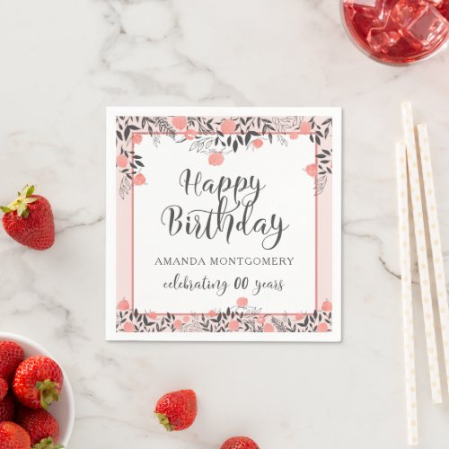Floral Birthday ANY Age Blush Pink Rose Gold Name Napkins