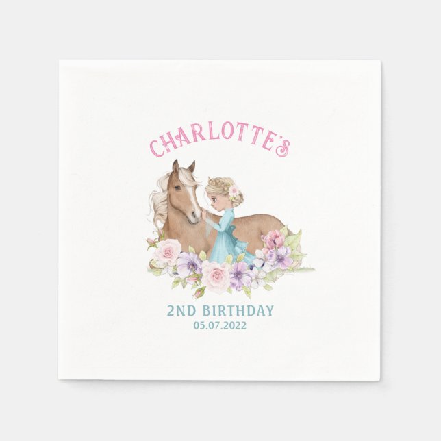 Floral Birthday Blonde Princess with Horse Napkins (Front)