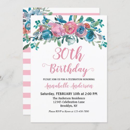 Floral Birthday Blue Pink Watercolor Rustic Modern Invitation