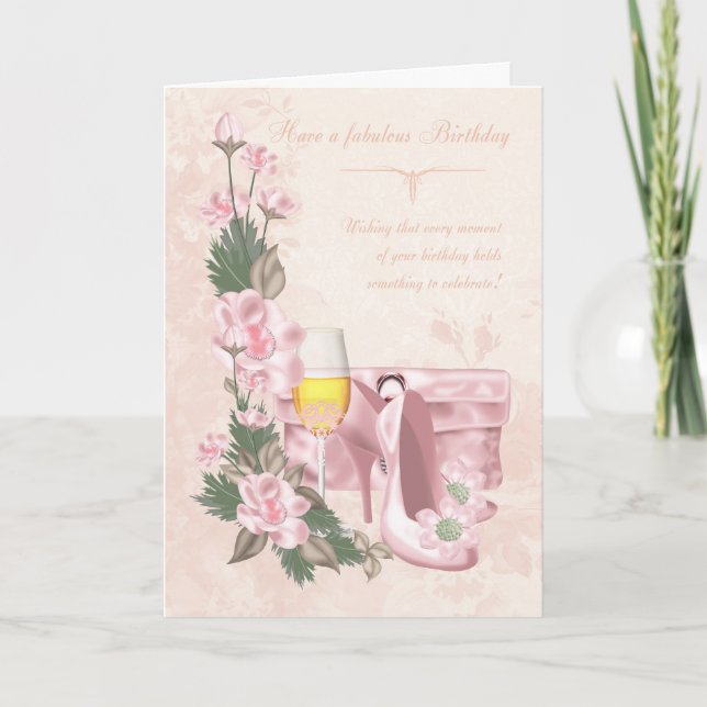 Floral Birthday Card With Shoes, Purse and Wine (Front)