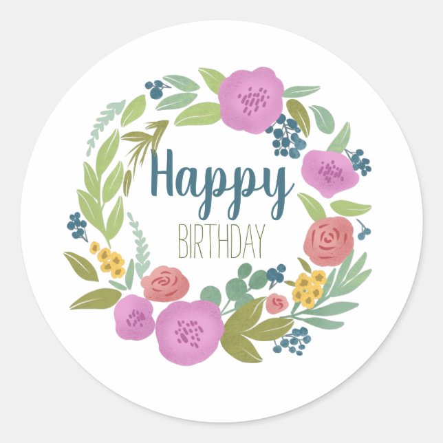 Floral Birthday Classic Round Sticker (Front)