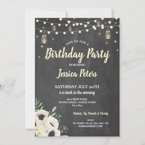 Floral Birthday Party Chalk Jars Cream Fireflies Invitation