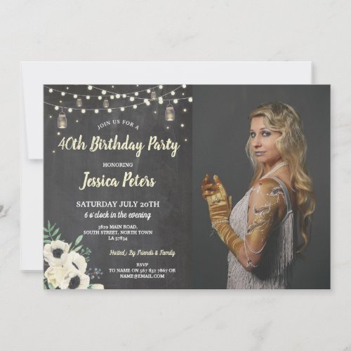 Floral Birthday Party Chalk Jars Fireflies Photo Invitation