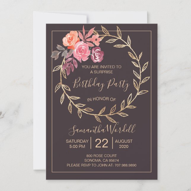 Floral Birthday Party Pink Burgundy On Slate Gray Invitation (Front)