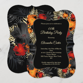 Floral Birthday party Red Orange Black Hibiscus Invitation