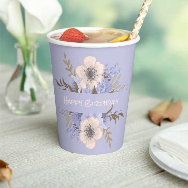 Floral Birthday Peach Violet Five Petal Wild Rose Paper Cups (Insitu)